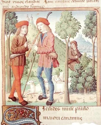 Ms 493 fol.8r Une rencontre entre bergers, des Bucoliques de Virgile avec commentaire de Servius, 1469